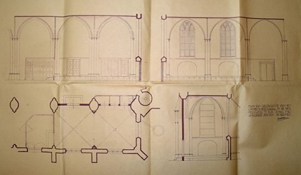 <p>Bouwtekening behorend bij de voorgenomen bouw van een cathegiseerlokaal in de noordbeuk uit in 1925. Deze was gepland in het westelijk gedeelte van de noordbeuk (archief Hervormde Kerk Elst). </p>
